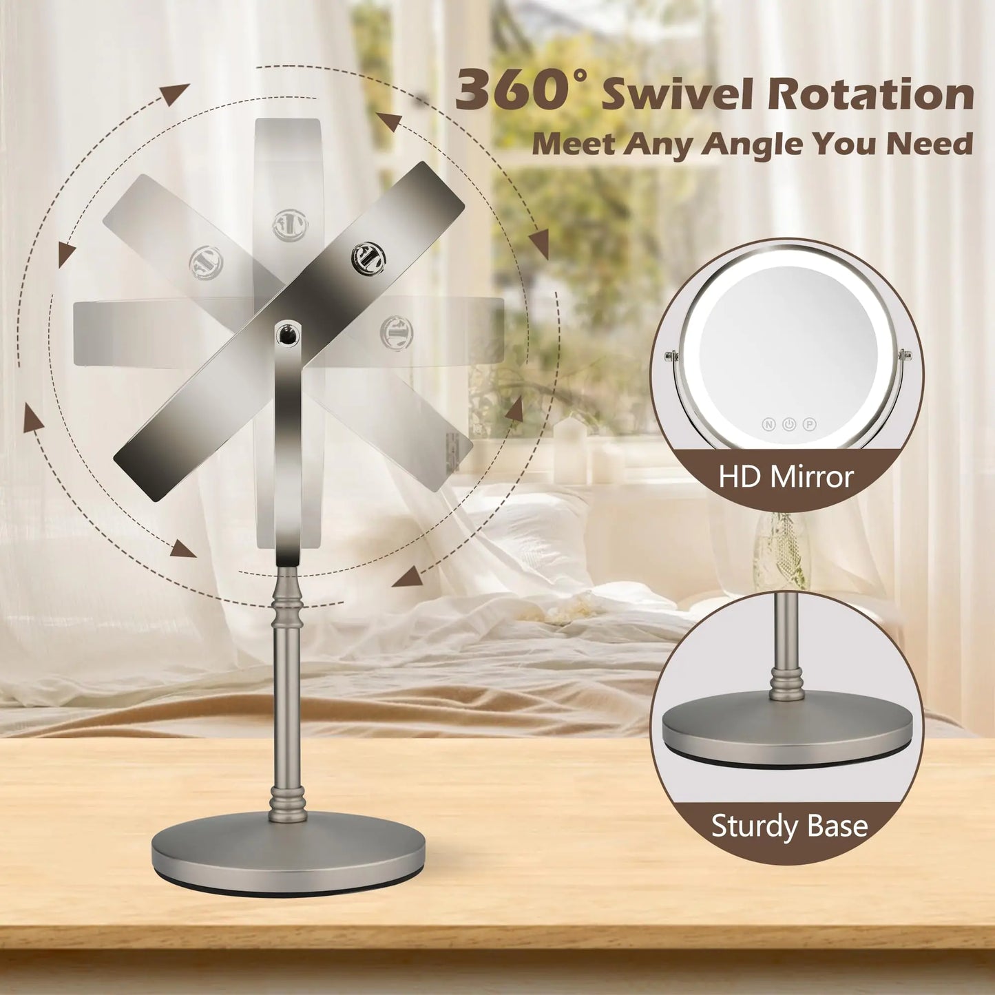 9" Large Makeup Mirror with Lights, 1X/10X Magnifying Vanity Mirror with 3 Colors Dimmable Lightning, 80 LED Lights, 360°Rotation Double Sided Standing Lighted Makeup Mirror Nickel Matte Nickel by Anti Spier