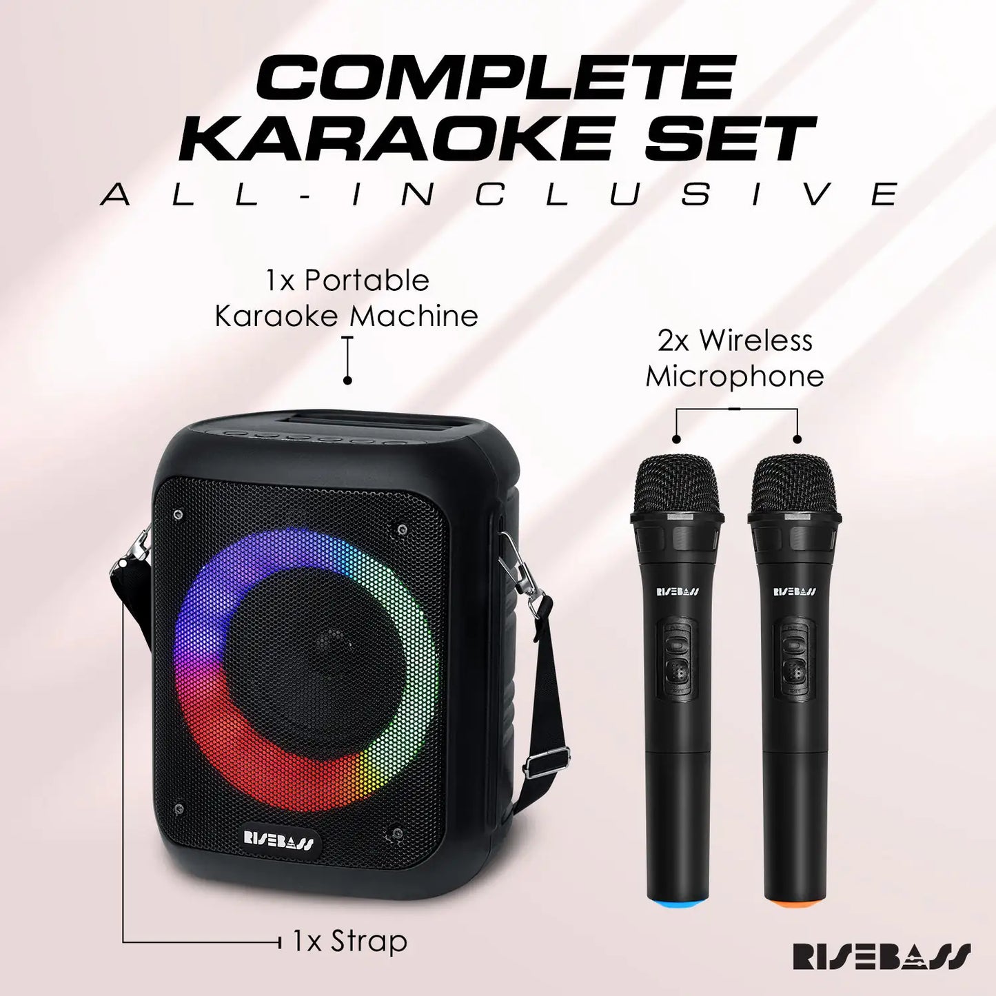 Risebass Portable Karaoke Machine with 2 Wireless Microphones - Bluetooth Rechargeable Speaker with USB/SD/TF Card Support, AUX-in, Tripod Screw Mount and Phone Slot. by Anti Spier