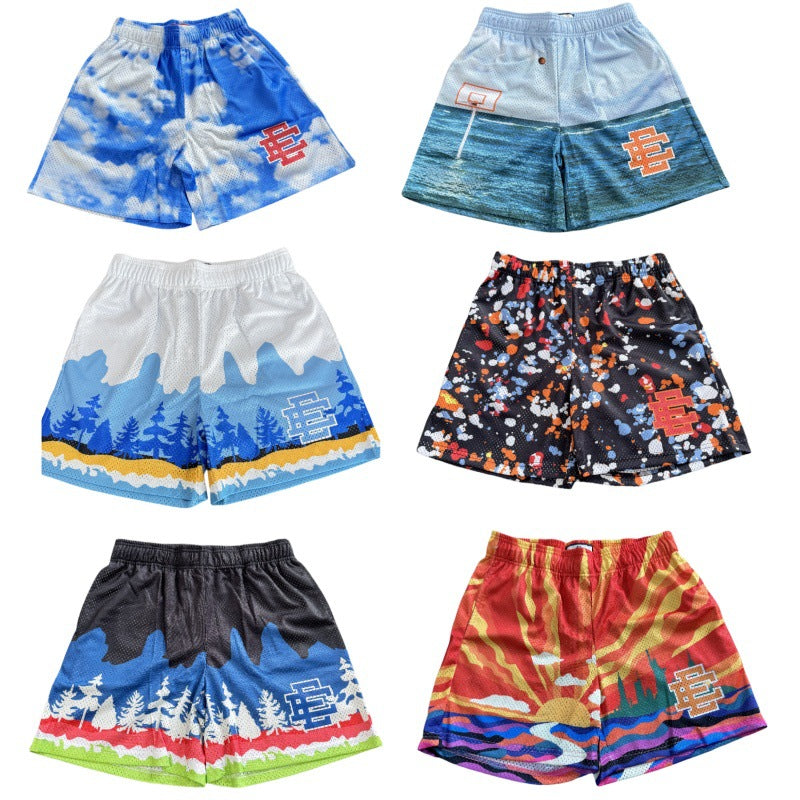 American-style knee-length pants EE sunrise oil painting style mesh capri pants quick-drying shorts for men by Hypersku
