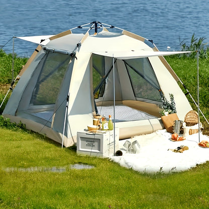 2-3 Person Family Camping Tent with Awning - Quick to Set Up, Windproof, All-Season Design with Mosquito Screen and UV Protection, Durable Oxford Fabric, Beige Multi-Layer Sunshade, Perfect for Outdoo by Dropsure