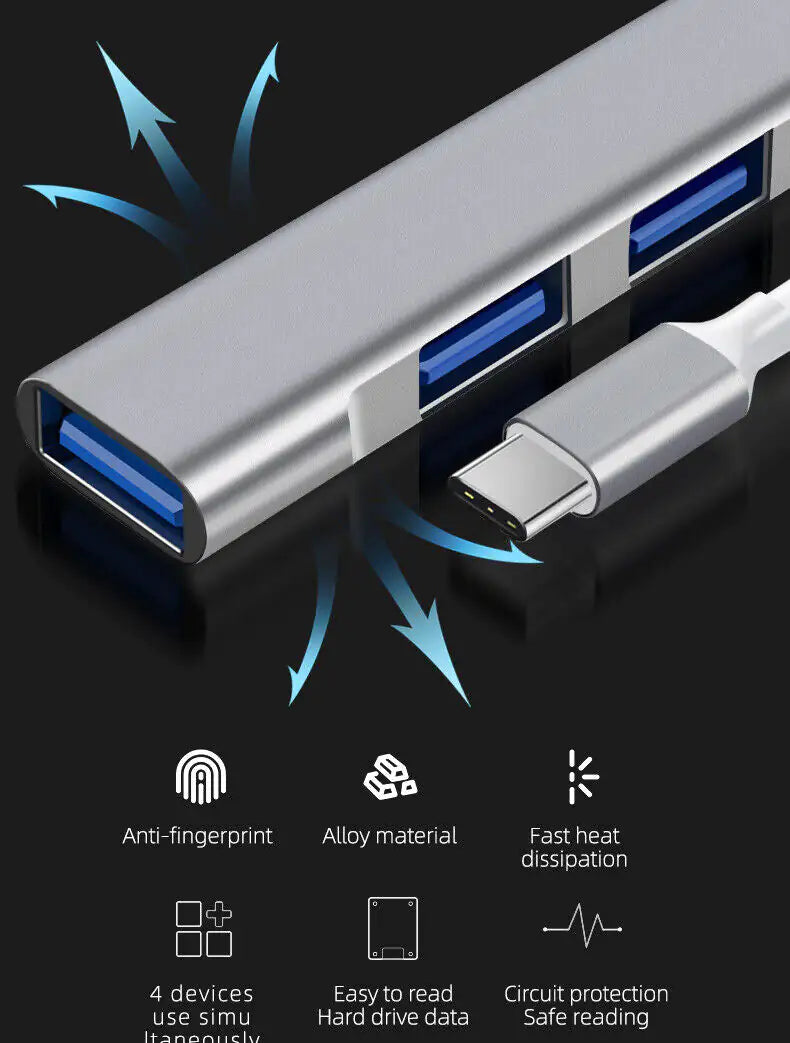 USB-C Type C to USB 3.0 4 Port Hub Splitter For PC Mac Phone MacBook Pro iPad by Anti Spier