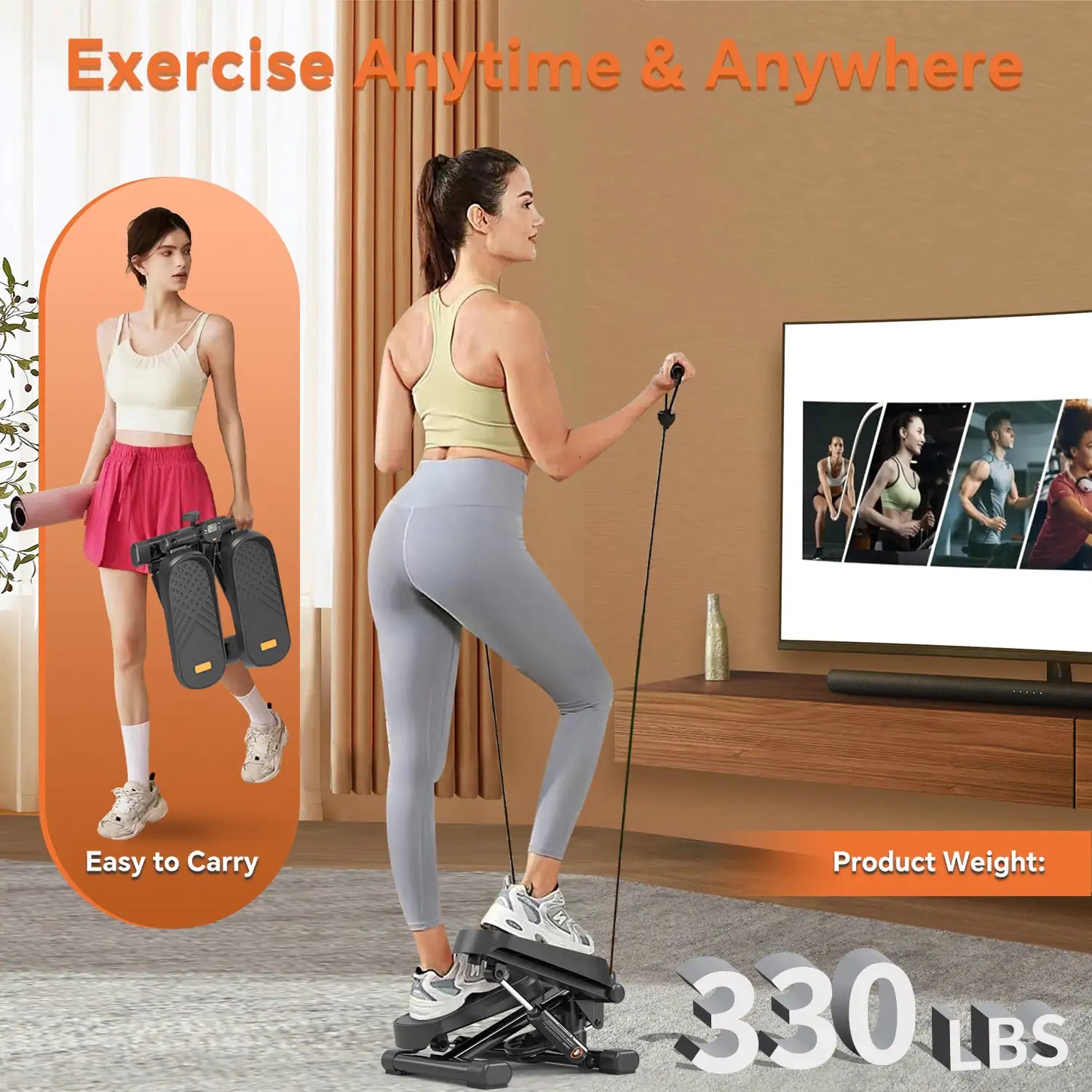 Home Office Exercise 330LBS Capacity Mini Stepper With Resistance Bands And LCD Monitor by Anti Spier