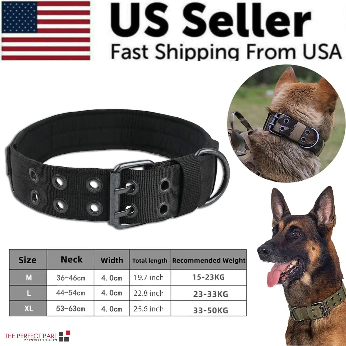 2" Wide Tactical Heavy Duty Nylon Large Dog Collar K9 Military With Metal Buckle by Anti Spier