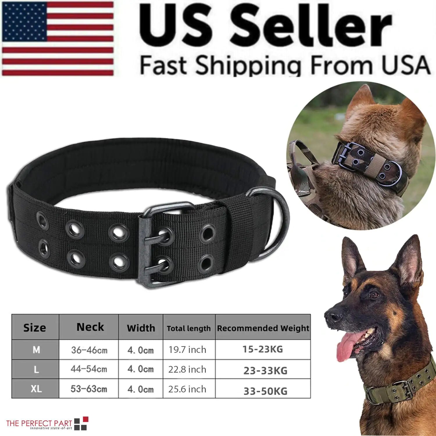 2" Wide Tactical Heavy Duty Nylon Large Dog Collar K9 Military With Metal Buckle by Anti Spier