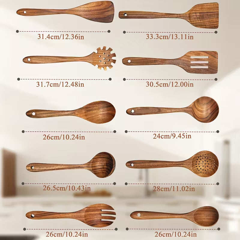 Non-Stick Cookware Set, Wooden Kitchen Utensils Kit, Heat Resistant Up to 450°F, 10pcs Pans Spatulas Slotted Wooden Kitchen Spoons, Elegant Heavy-Duty Wooden Utility Set, Cooking Tools for Baking Serving Everyday & Formal Cooking by Anti Spier