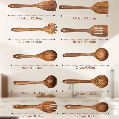 Non-Stick Cookware Set, Wooden Kitchen Utensils Kit, Heat Resistant Up to 450°F, 10pcs Pans Spatulas Slotted Wooden Kitchen Spoons, Elegant Heavy-Duty Wooden Utility Set, Cooking Tools for Baking Serving Everyday & Formal Cooking by Anti Spier