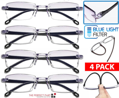 4 PK Mens Rectangular Rimless Blue Light Blocking Reading Glasses Unisex Readers by Anti Spier