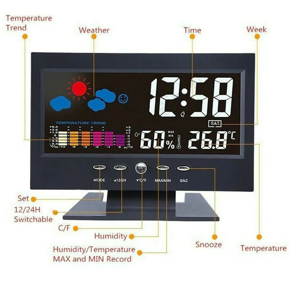 LED Digital Alarm Clock Snooze Calendar Thermometer Hygrometer Weather Display by Anti Spier