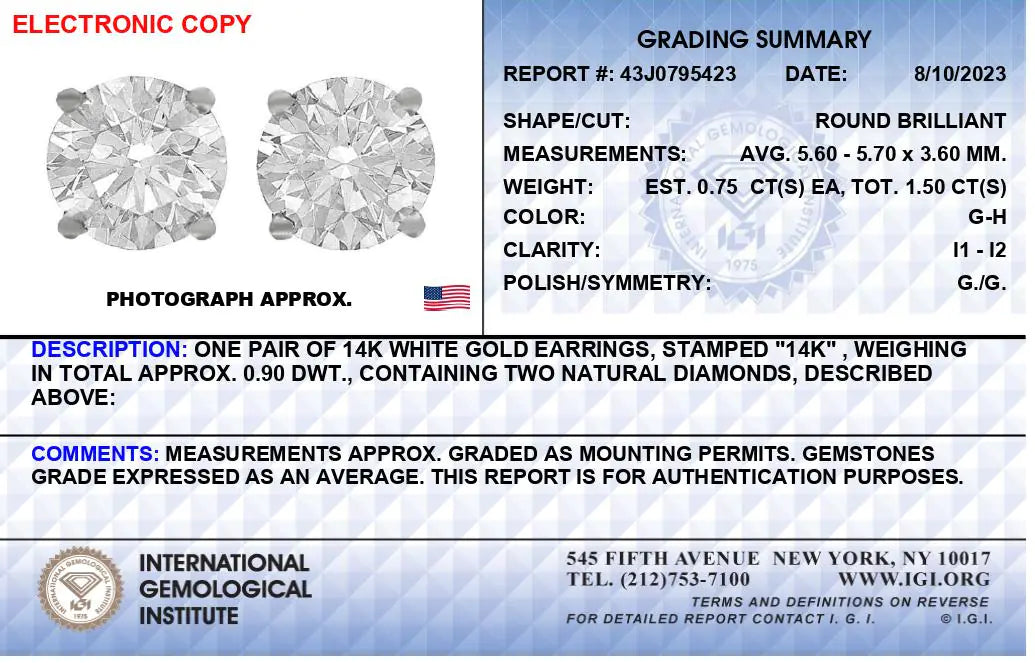 IGI Certified 14K White Gold 1 1/2 Cttw Round Diamond Solitaire Stud Earrings with Screwbacks (G-H Color, I1-I2 Clarity) by Anti Spier