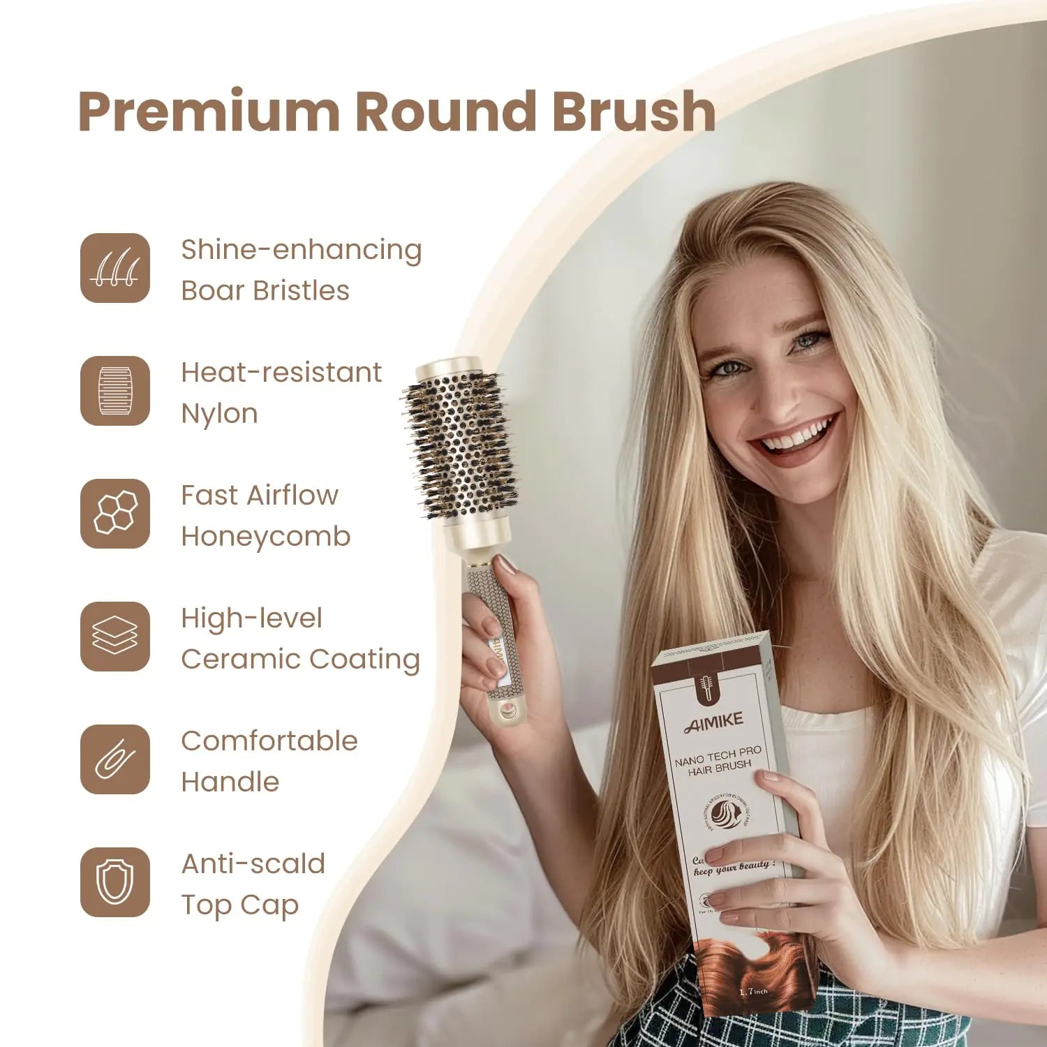 AIMIKE Round Brush, Nano Thermal Ceramic & Ionic Tech Hair Brush, Round Barrel Brush with Boar Bristles for Blow Drying, Styling, Curling, Add Volume & Shine (2.9 inch, Barrel 1.7 inch) + 4 Clips 43mm-1.7 Inch (2.9 Inch with Bristles) by Anti Spier