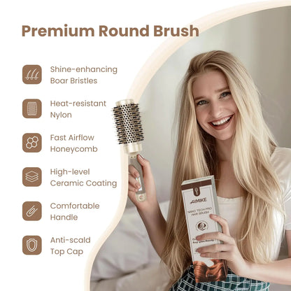 AIMIKE Round Brush, Nano Thermal Ceramic & Ionic Tech Hair Brush, Round Barrel Brush with Boar Bristles for Blow Drying, Styling, Curling, Add Volume & Shine (2.9 inch, Barrel 1.7 inch) + 4 Clips 43mm-1.7 Inch (2.9 Inch with Bristles) by Anti Spier