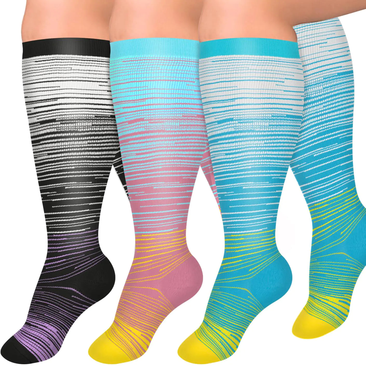 Diu Life 3 Pairs Plus Size Compression Socks for Women and Men Wide Calf Extra Knee High Support for Circulation 02 Gray/Pink/Blue 4X-Large by Anti Spier