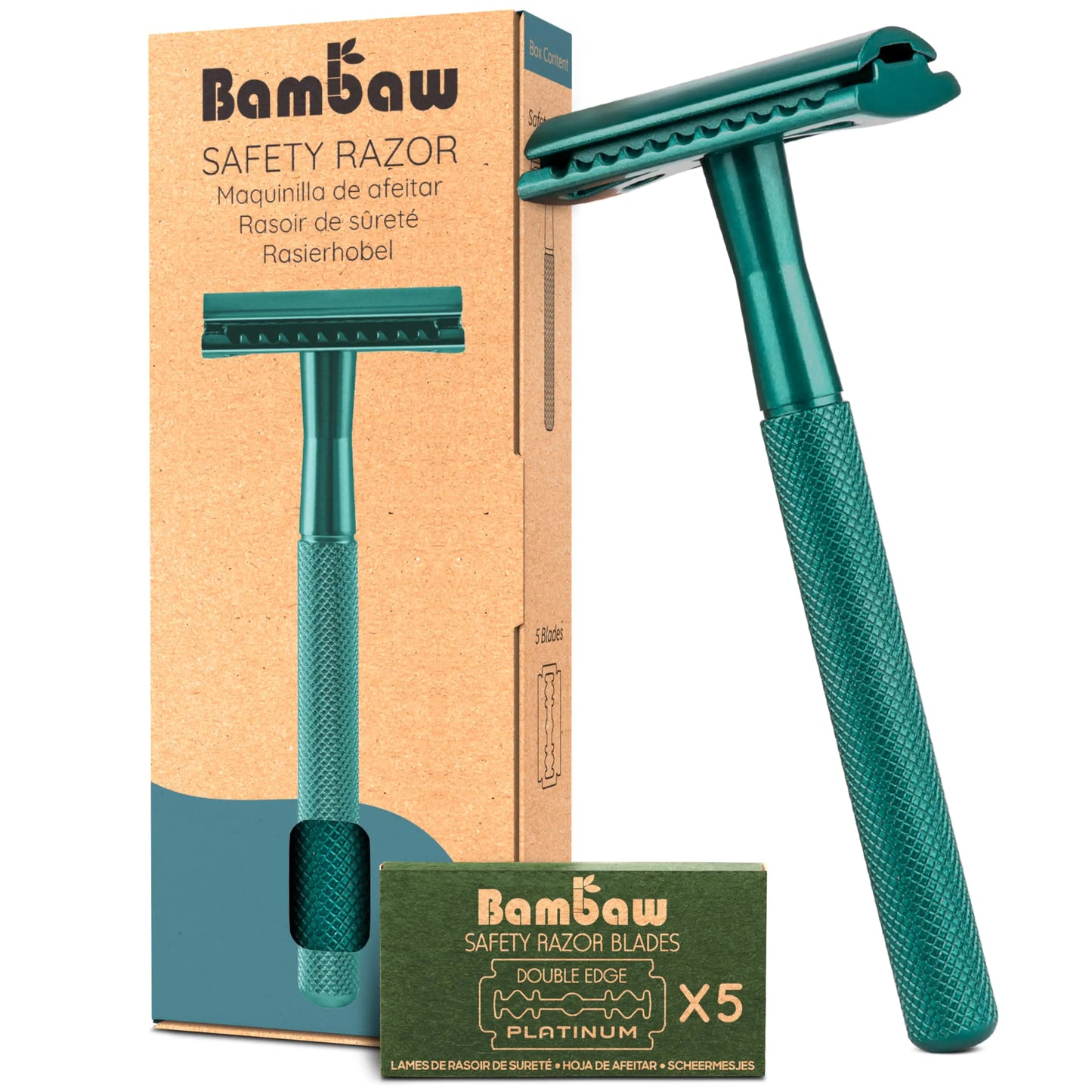 Bambaw Men Safety Razor with 5 Double Edge Safety Razor Blades, Single Blade Razor for Men & Women, Plastic Free Metal Razor – Sea Green 1 Count (Pack of 1) Sea Green Razor by Anti Spier