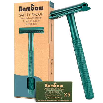 Bambaw Men Safety Razor with 5 Double Edge Safety Razor Blades, Single Blade Razor for Men & Women, Plastic Free Metal Razor – Sea Green 1 Count (Pack of 1) Sea Green Razor by Anti Spier