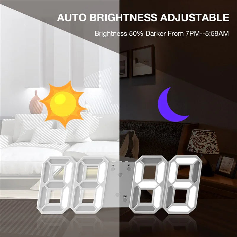 Digital 3D LED Big Wall Desk Alarm Clock Snooze 12/24 Hours Auto Brightness USB by Anti Spier