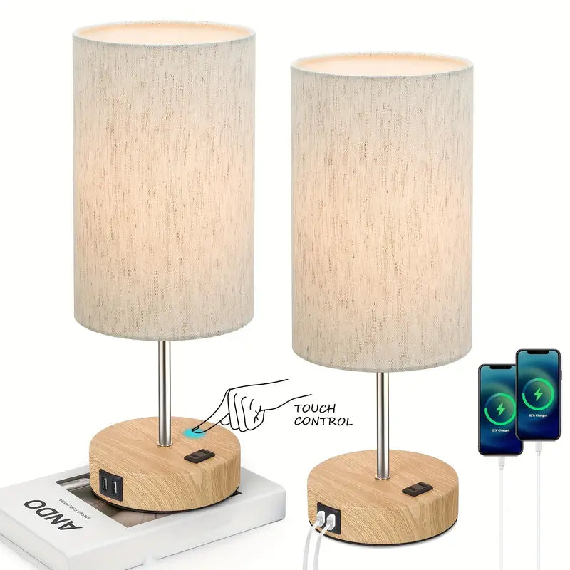 2 Pack Touch Control Table Lamps With USB Ports & AC Outlet, 3 Way Dimmable Bedside Lamps With Fabric Shades, A19 LED Bulbs Included, Perfect For Bedroom, Living Room, Reading by Anti Spier