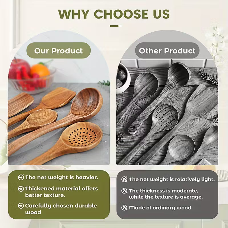 Non-Stick Cookware Set, Wooden Kitchen Utensils Kit, Heat Resistant Up to 450°F, 10pcs Pans Spatulas Slotted Wooden Kitchen Spoons, Elegant Heavy-Duty Wooden Utility Set, Cooking Tools for Baking Serving Everyday & Formal Cooking by Anti Spier