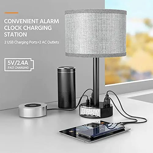 Bedside Table Lamp Alarm Clock Charging - 3 Brightness Level by Anti Spier