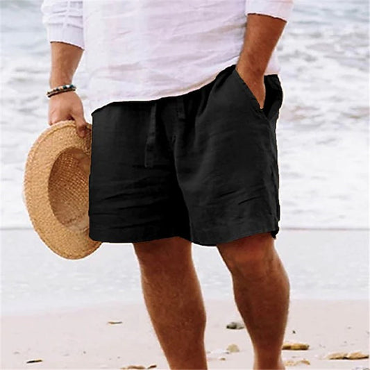 Men's shorts cotton hemp summer drawstring elastic waist straight legs Solid color comfortable breathable short daily beach by Hypersku