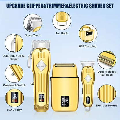 Men's Professional Hair Clipper Combo Set - Foil Shaver, Detail Trimmer, Adjustable Blades - USB Rechargeable, LCD Display, Complete Accessories for Home/Barbershop by Anti Spier