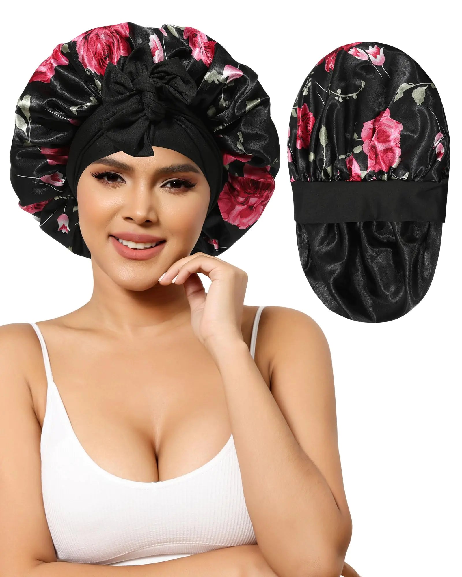 Satin Bonnet for Women Silk Bonnets for Sleeping Curly Hair Bonnet with Tie Band Double Layer Sleep Cap Hair Wrap 7-7 3/8 Black + Red Flower by Anti Spier