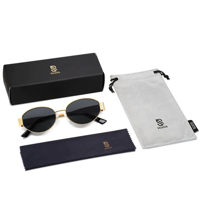 SOJOS Retro Oval Sunglasses for Women Men Trendy Sun Glasses Classic Shades UV400 Protection SJ1217 Gold/Grey by Anti Spier