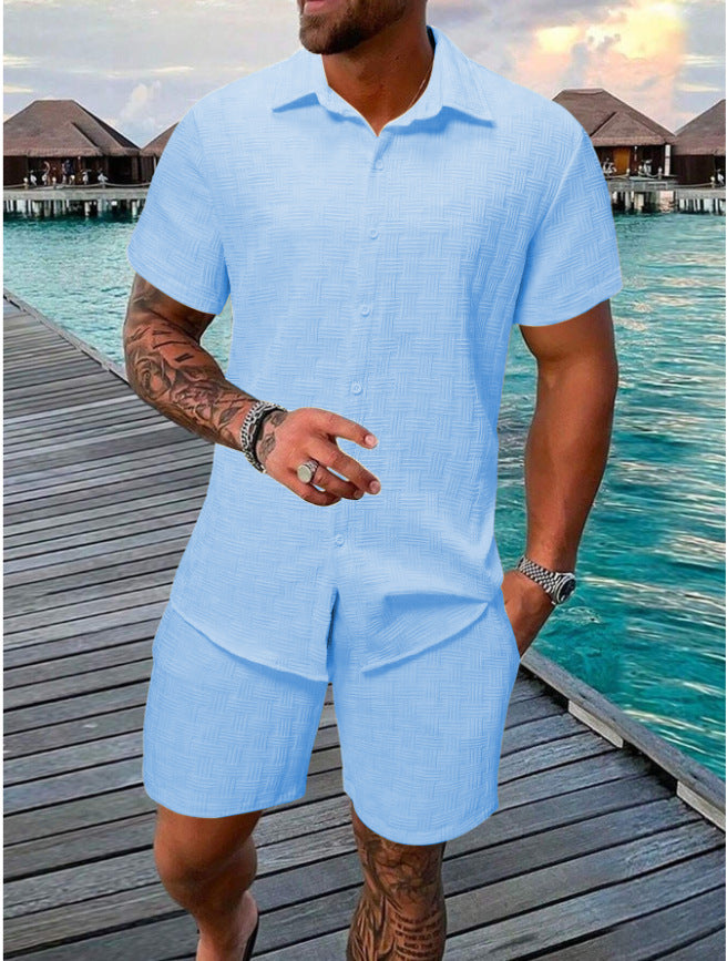 A two-piece set of jacquard black and white solid color short-sleeved men's vacation casual style shirt and shorts by Hypersku
