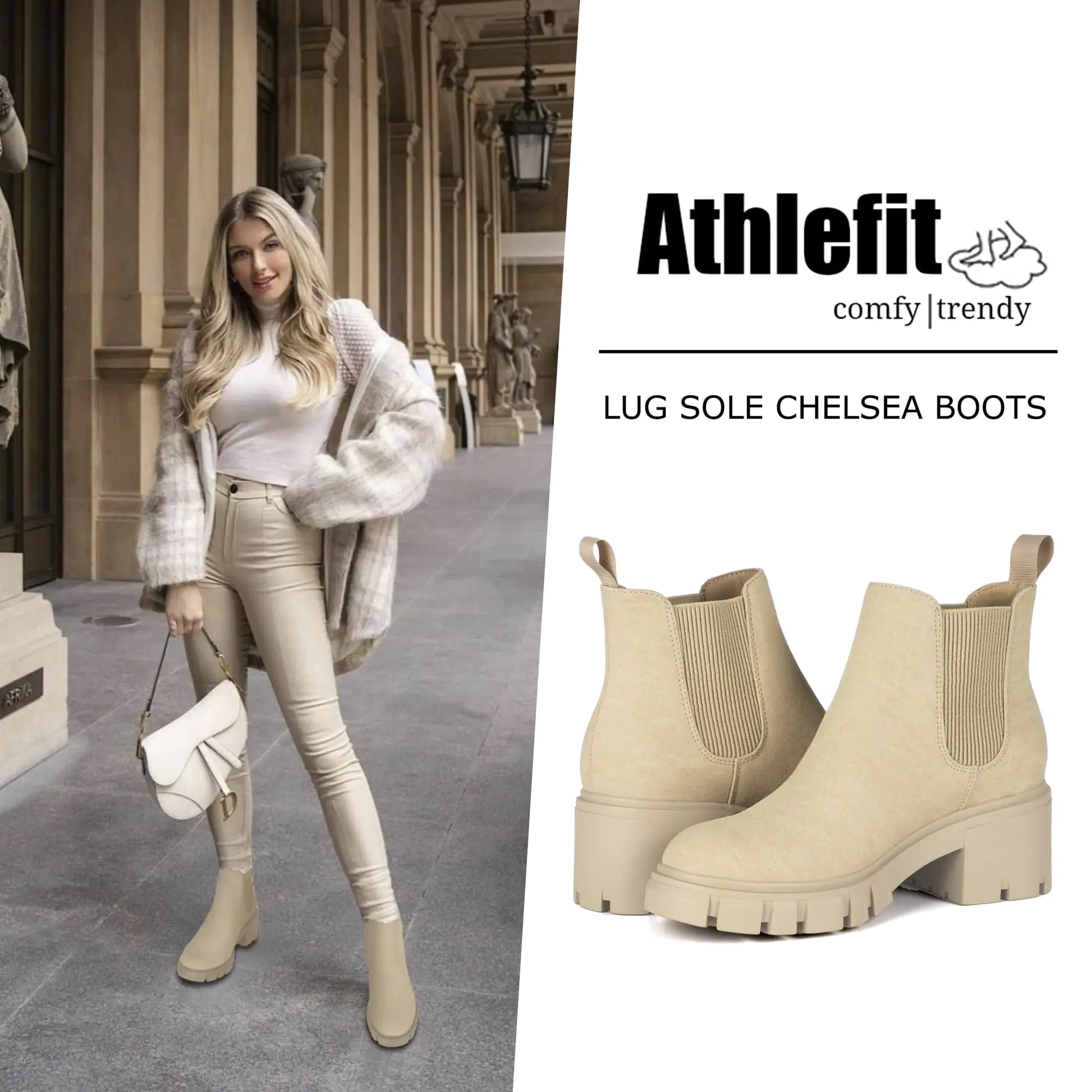 Athlefit Women's Chelsea Boots Fashion Lug Sole Chunky Heel Slip on Elastic Ankle Booties 10 Apricot by Anti Spier