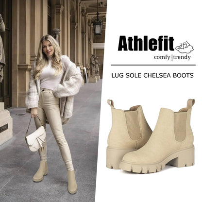 Athlefit Women's Chelsea Boots Fashion Lug Sole Chunky Heel Slip on Elastic Ankle Booties 10 Apricot by Anti Spier