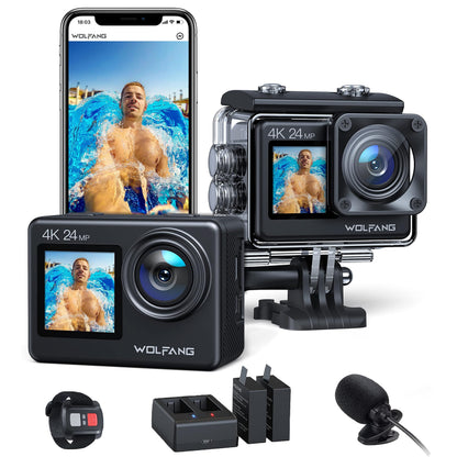 WOLFANG GA200 24MP 4K Action Camera 40M Waterproof Underwater Camera for Snorkeling EIS WiFi Adjustable Wide Angle Dual Screen Camera for Vlog Webcam(Charger Remote Control and Helmet Accessories) by Anti Spier