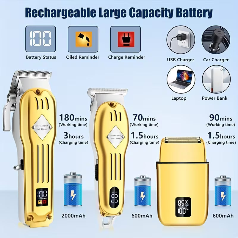 Men's Professional Hair Clipper Combo Set - Foil Shaver, Detail Trimmer, Adjustable Blades - USB Rechargeable, LCD Display, Complete Accessories for Home/Barbershop by Anti Spier