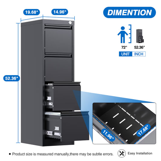 4 Drawer File Cabinet, Metal Vertical File Storage Cabinet With Lock, Office Home Steel File Cabinet For A4 Letter Legal Size, 14.96inch W X 17.72inch D X 52.36inch H, Assembly Required Black by Anti Spier