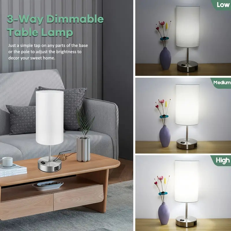 2 Pack Touch Control Table Lamps With USB Ports & AC Outlet, 3 Way Dimmable Bedside Lamps With Fabric Shades, A19 LED Bulbs Included, Perfect For Bedroom, Living Room, Reading by Anti Spier