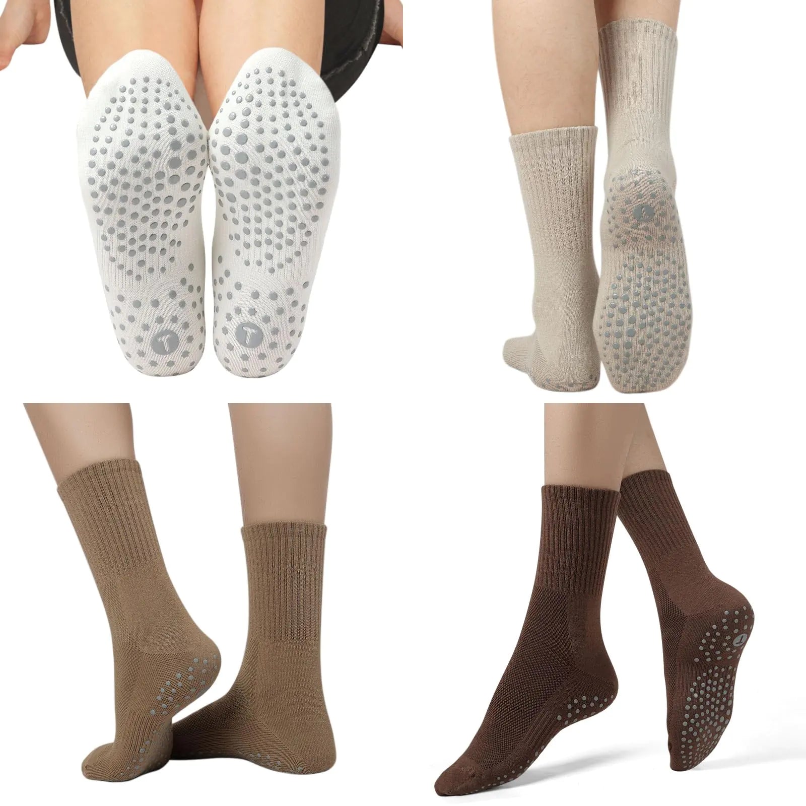 Toes Home Pilates Socks for Women with Non Slip Grippers, Yoga Crew Socks for Barre Hospital Sticky Slipper Socks 4 Pairs 6-10 Tan by Anti Spier