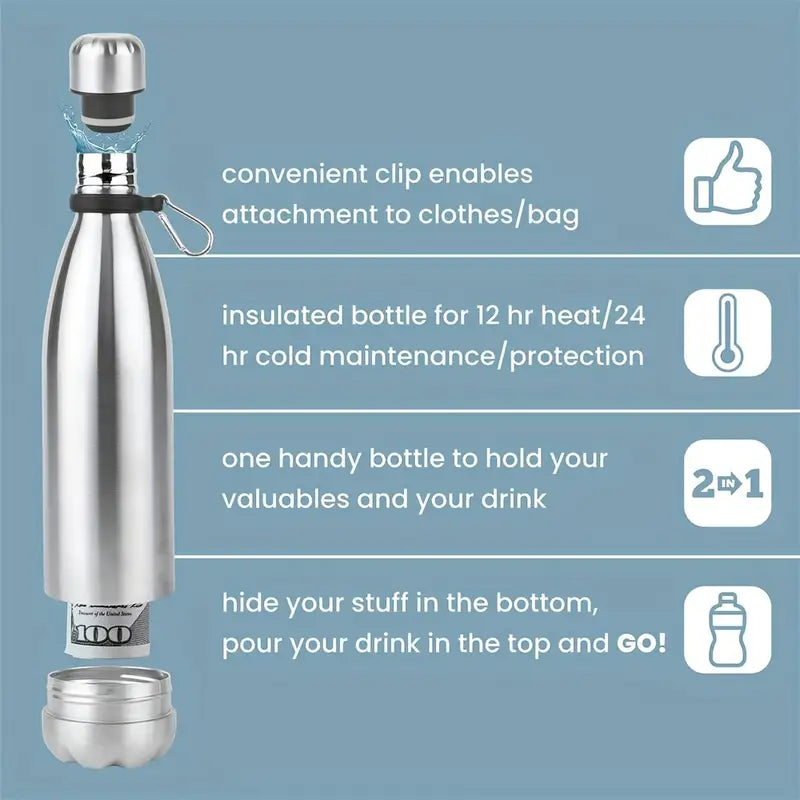 1pc Stainless Steel Insulated Water Bottle with Hidden Compartment - Leak-Proof, Keeps Drinks Hot/Cold, Portable for Travel, Commuting, Outdoor Activities, Commuting Hydration, Sleek Design, Secure Lid Design by Anti Spier