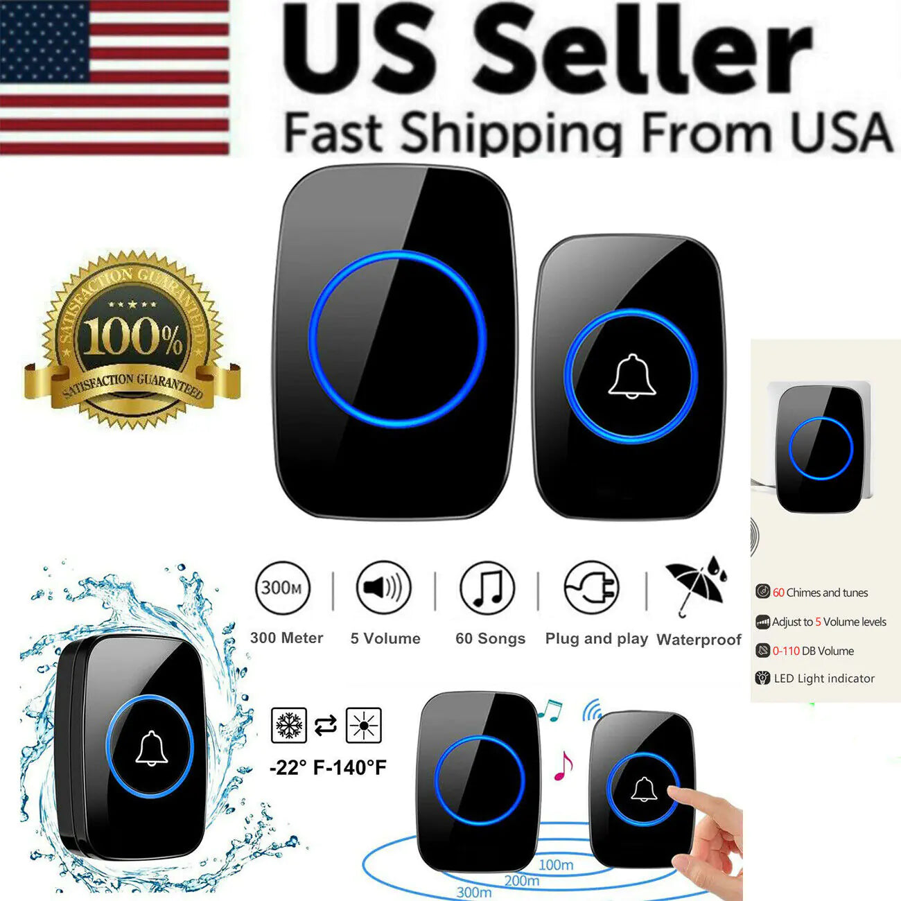 Wireless Doorbell Chime Waterproof Plugin Receiver Adjustable Volume 1000FT Kit by Anti Spier
