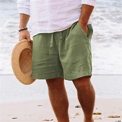 Men's shorts cotton hemp summer drawstring elastic waist straight legs Solid color comfortable breathable short daily beach by Hypersku