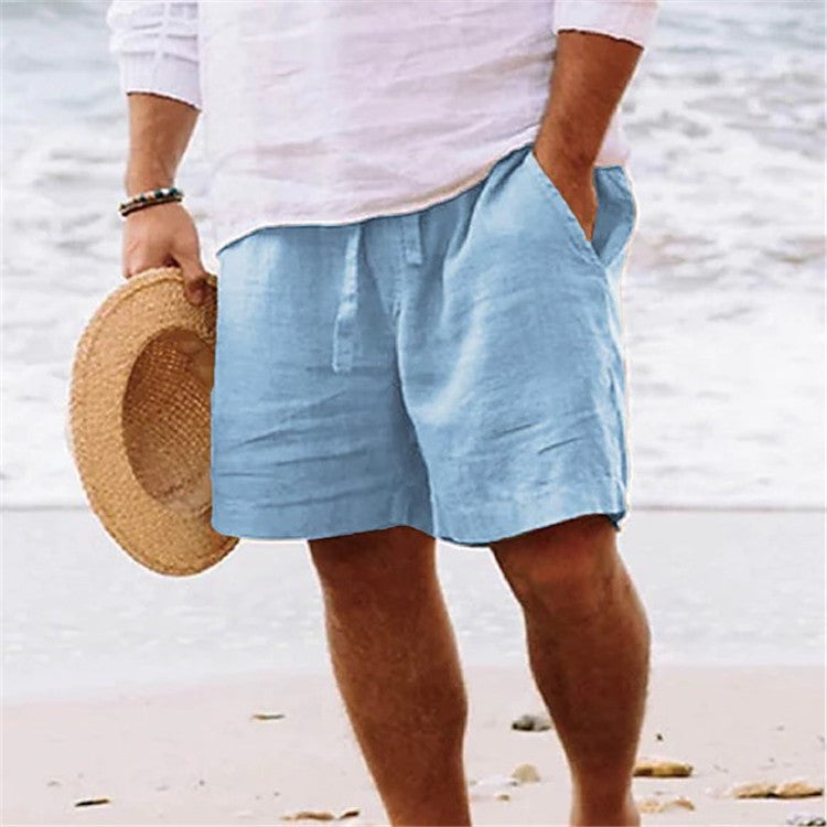 Men's shorts cotton hemp summer drawstring elastic waist straight legs Solid color comfortable breathable short daily beach by Hypersku