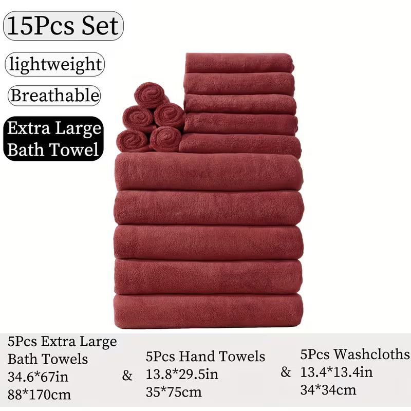 15pcs Bulk Bath & Hand Towel Set - Large 300GSM Microfiber Towels (5 Bath, 5 Hand, 5 Washcloths) - Heavy-Duty, Quick-Dry & Highly Absorbent for, Spa, Hotel - Multi-Color Options by Anti Spier