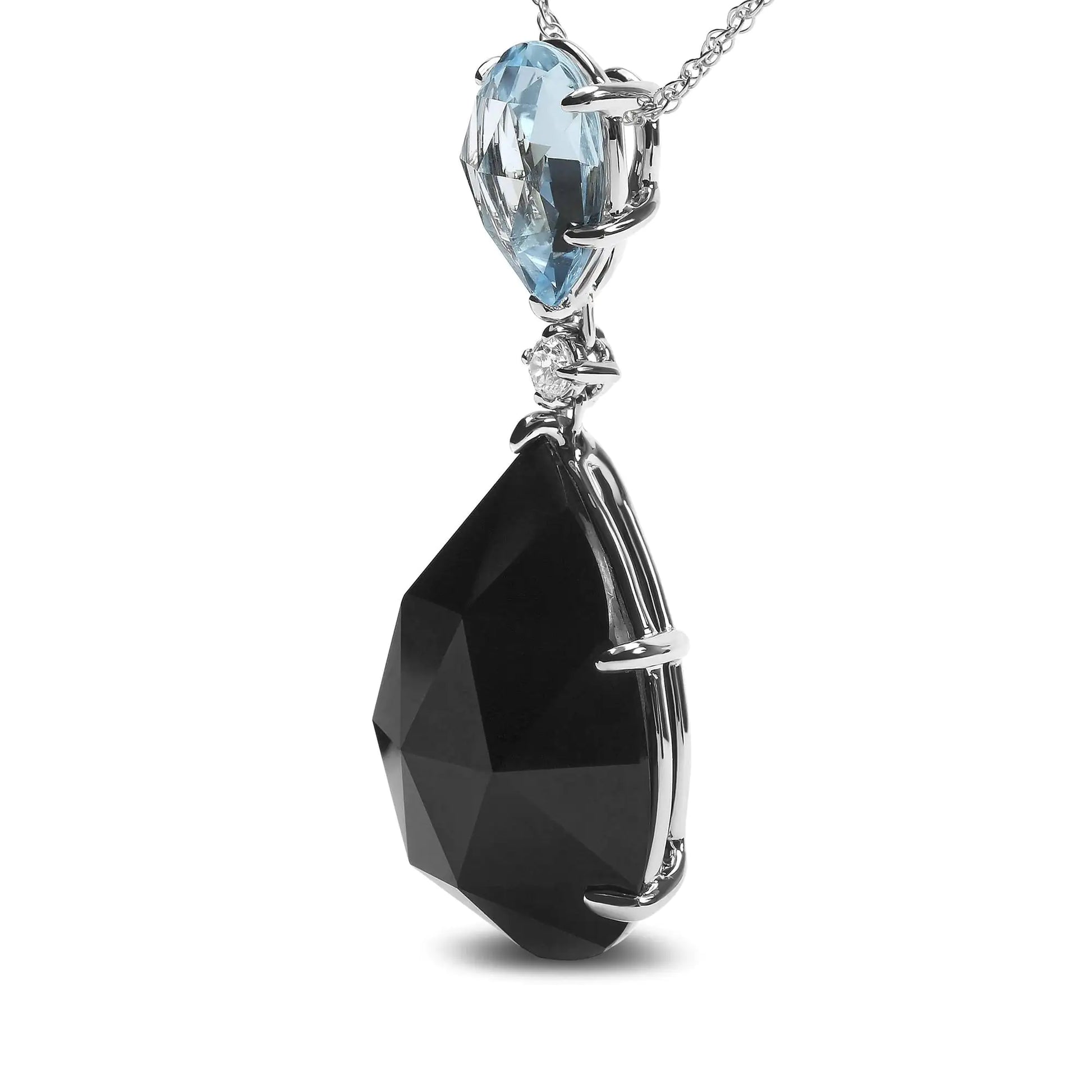 18K White Gold Diamond Accent and Pear Cut Sky Blue Topaz and Pear Cut Black Onyx Dangle Drop 18" Pendant Necklace (G-H Color, SI1-SI2 Clarity) by Anti Spier