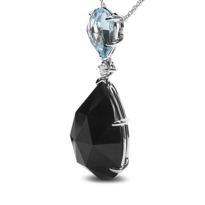 18K White Gold Diamond Accent and Pear Cut Sky Blue Topaz and Pear Cut Black Onyx Dangle Drop 18" Pendant Necklace (G-H Color, SI1-SI2 Clarity) by Anti Spier