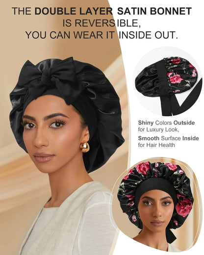 Satin Bonnet for Women Silk Bonnets for Sleeping Curly Hair Bonnet with Tie Band Double Layer Sleep Cap Hair Wrap 7-7 3/8 Black + Red Flower by Anti Spier