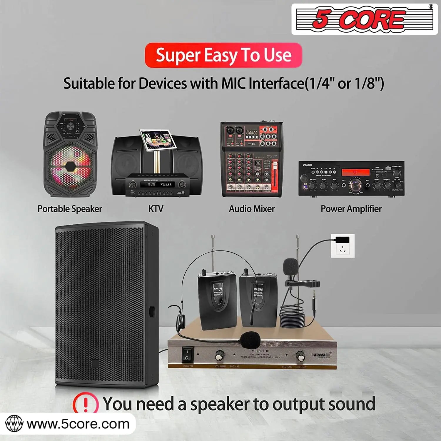 5Core Wireless Microphones w 1 Headset 1 Collar Mic + Receiver Microfono Inalambrico by Anti Spier