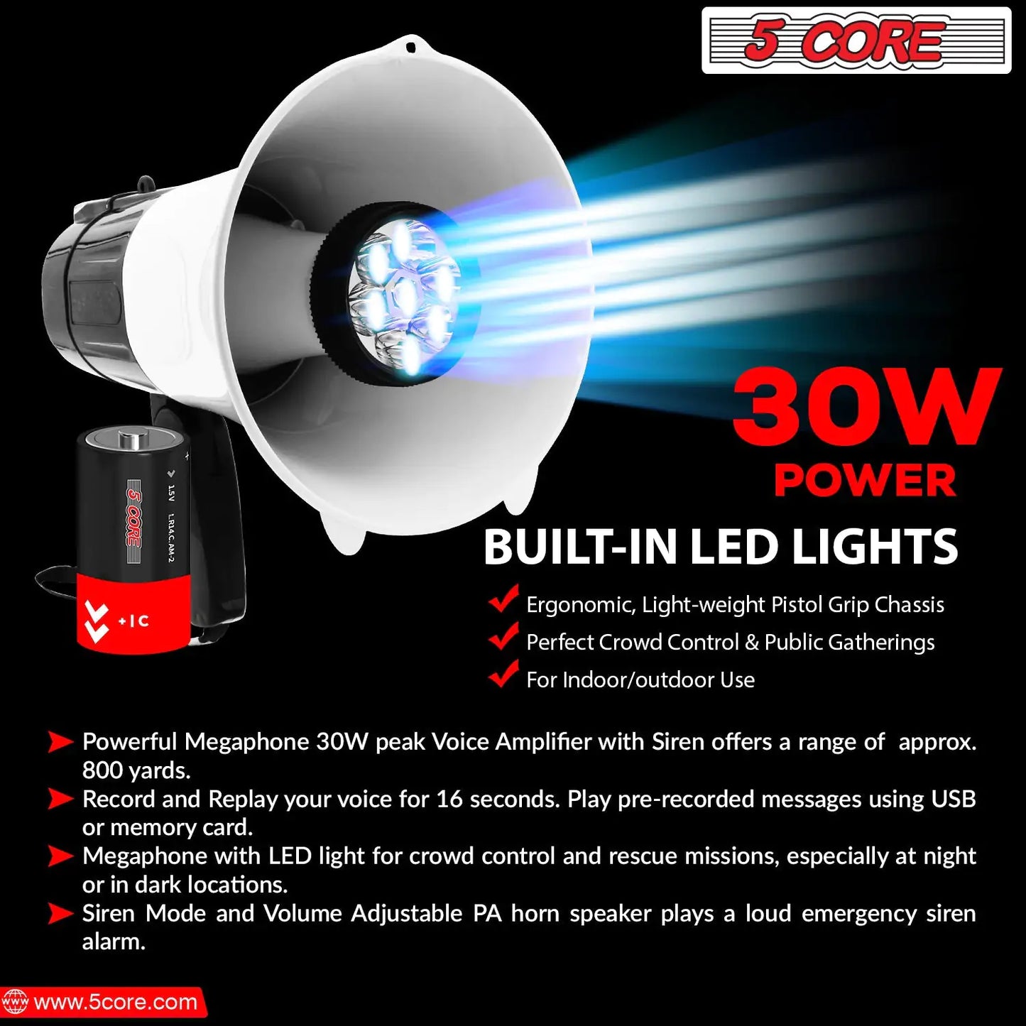 5Core Megaphone Bullhorn Speaker 30W LED Bull Horn Battery Power Cheer Megafono 800 Yard by Anti Spier