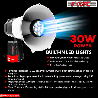 5Core Megaphone Bullhorn Speaker 30W LED Bull Horn Battery Power Cheer Megafono 800 Yard by Anti Spier