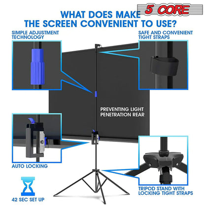 5Core Projector Screen with Tripod Stand 72" 4:3 Ultra HD Anti-Crease Indoor Outdoor Projection by Anti Spier