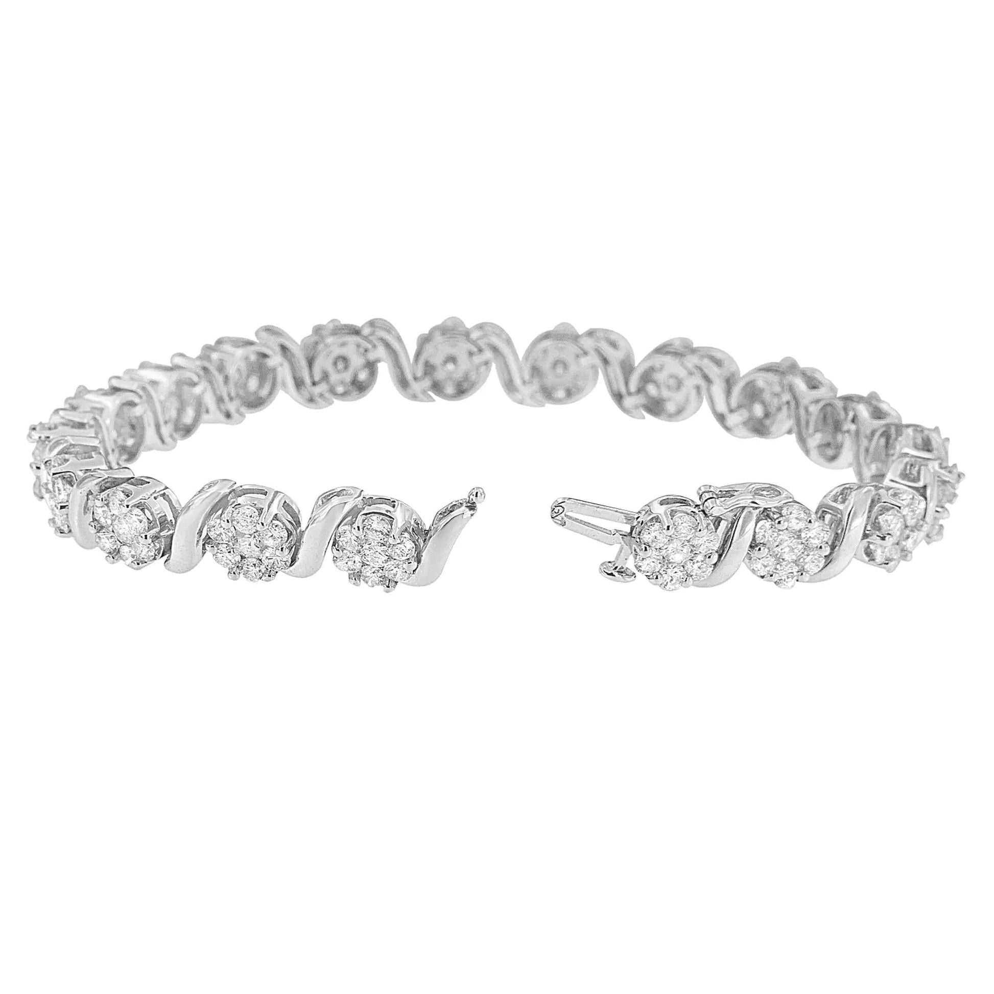 14K White Gold 7 3/8 Cttw Round Brilliant Diamond Floral Cluster and S Link Bracelet (H-I Color, SI2-I1 Clarity) - 7" Inches by Anti Spier