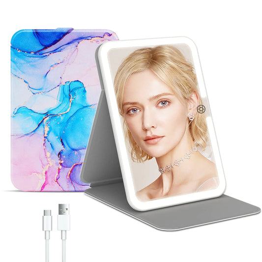 Rechargeable Travel Lighted Makeup Mirror with PU Leather Cover, Portable Travel Makeup Mirror with lights, 3 Color Lighting,Touch Sensor Dimmable, Light Up Tabletop Folding Cosmetic Mirror Colorful Colorful With Pu Cover by Anti Spier