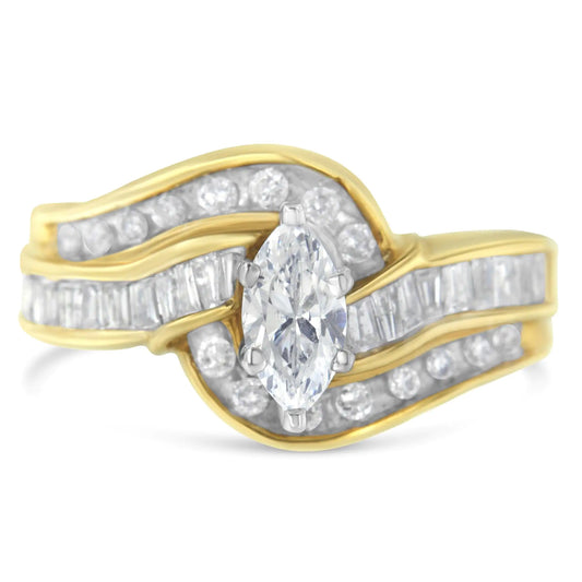 14KT Two-Toned Gold Marquise, Baguette and Round Cut Diamond Bypass Ring (1 cttw, H-I Color, SI1-SI2 Clarity) () by Anti Spier