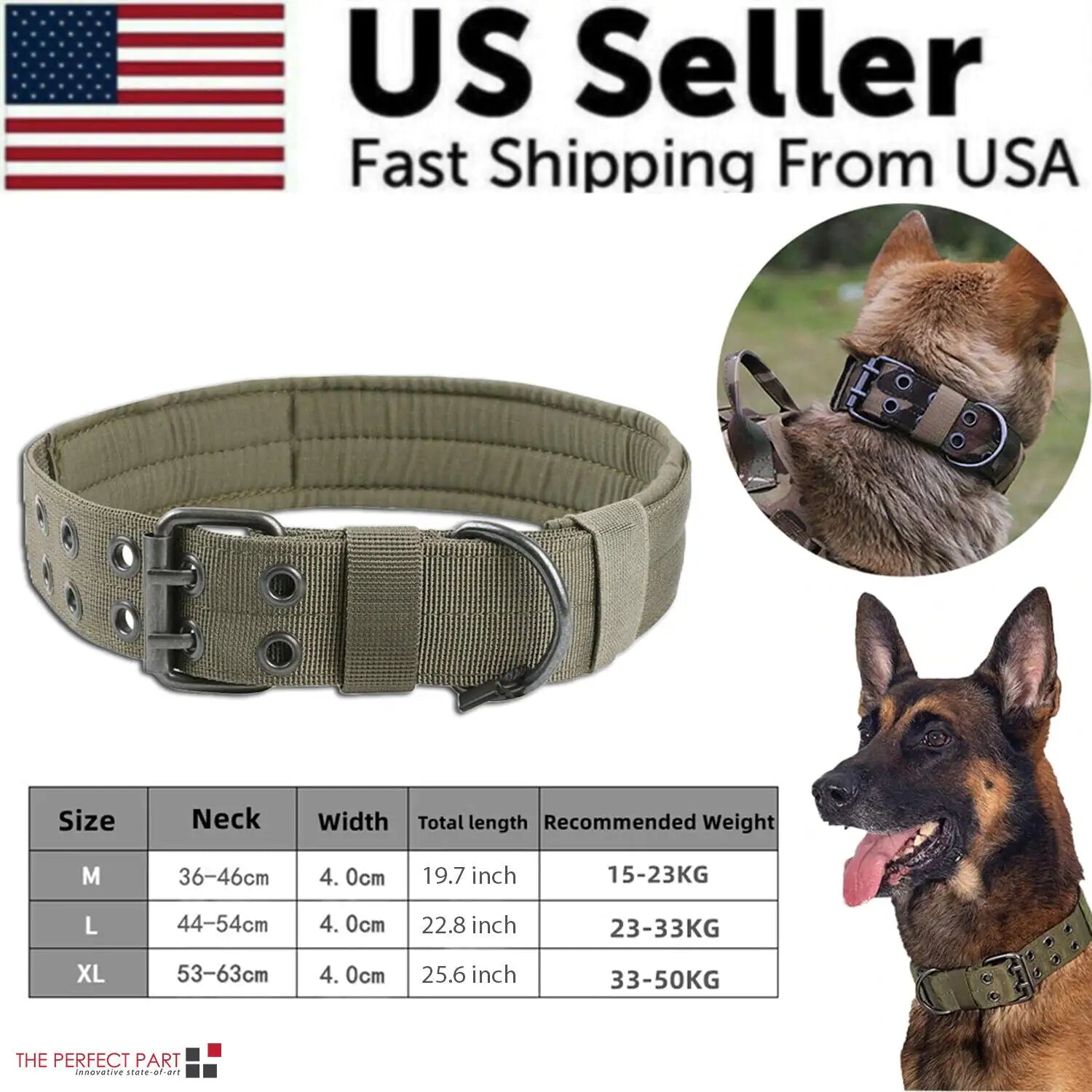 2" Wide Tactical Heavy Duty Nylon Large Dog Collar K9 Military With Metal Buckle by Anti Spier